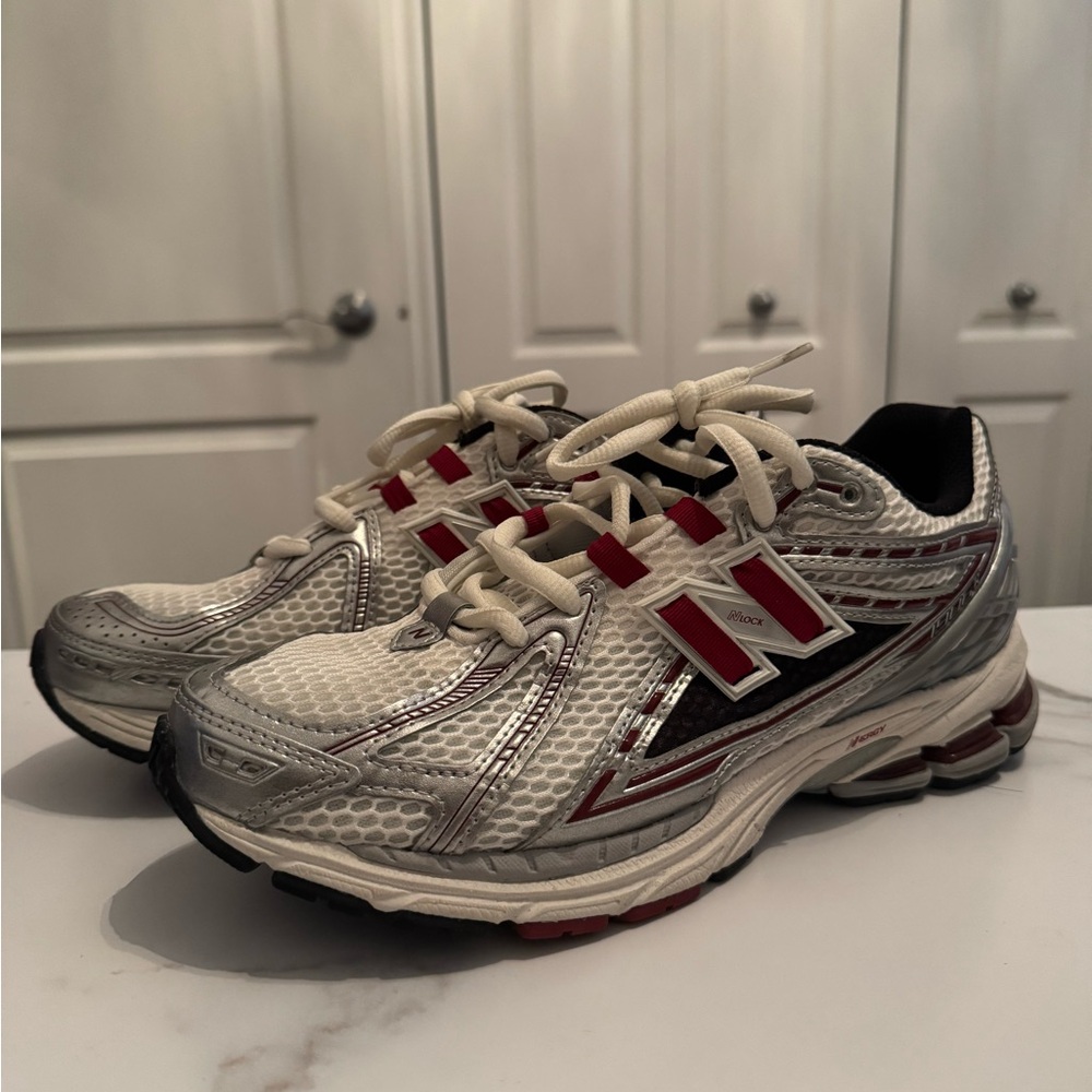 New Balance White and Red Athletic Shoes